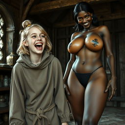 In a medieval room, a very happy, emaciated 19-year-old blonde girl with medium-length hair and blue eyes is joyfully screaming, her mouth wide open in a mix of desperation and happiness