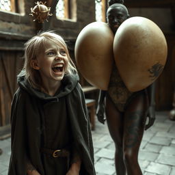 In a medieval room, a very happy, emaciated 19-year-old blonde girl with medium-length hair and blue eyes is joyously screaming, her mouth wide open in a mix of desperation and excitement, furrowing her brow