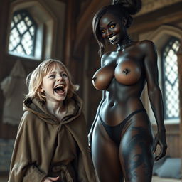 In a medieval room, a very happy, emaciated 19-year-old blonde girl with medium-length hair and blue eyes is joyously screaming, her mouth wide open in a mix of desperation and excitement, furrowing her brow