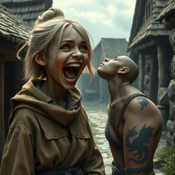 In a poor medieval village, a very happy, emaciated 19-year-old blonde girl with medium-length hair and blue eyes is joyfully screaming, her mouth wide open in a mix of desperation and happiness