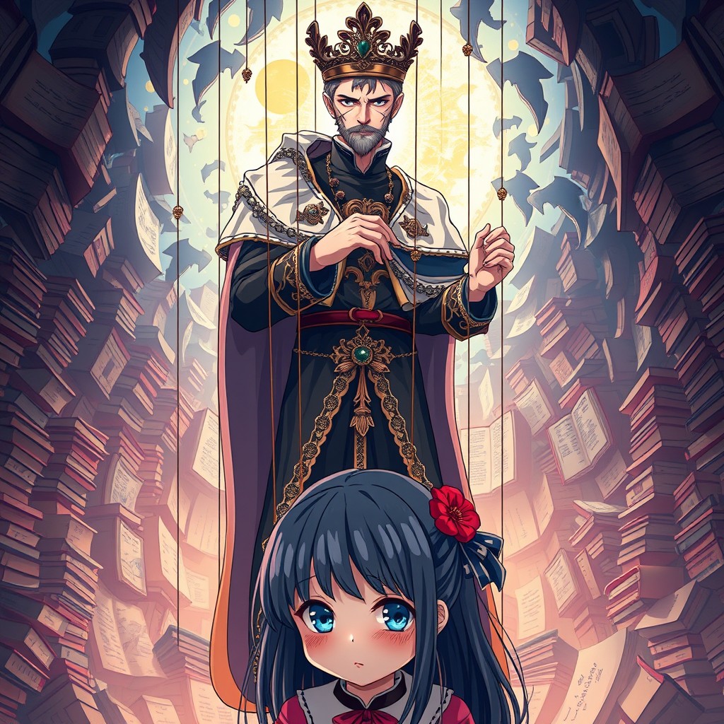 An anime-style book cover featuring a crying girl at the bottom, with a beautiful background of a crumbling world of books