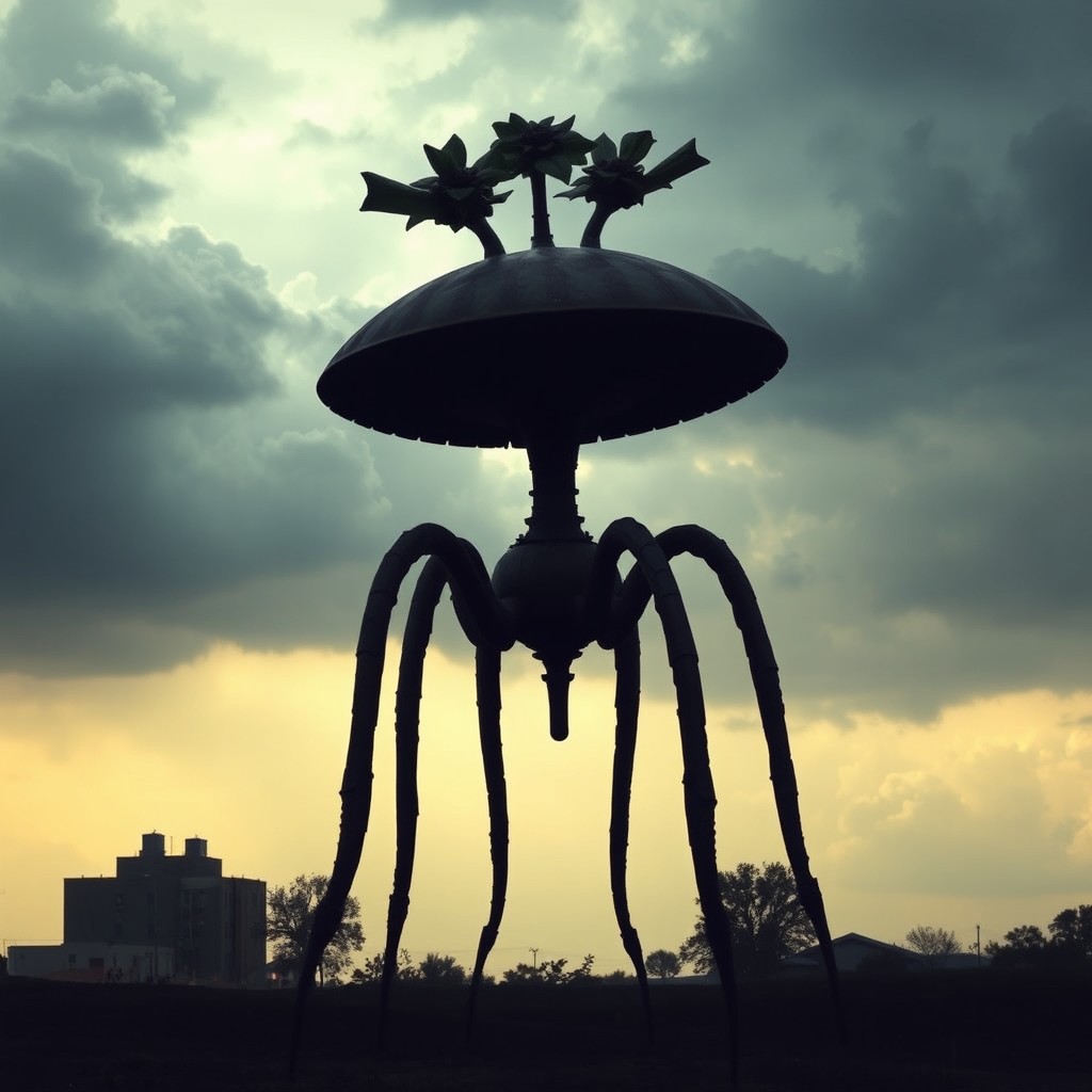 A creature inspired by the tripod from War of the Worlds, featuring an oval body resembling a mushroom, with three long, flexible tentacles extending from the bottom