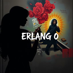 A powerful silhouette of a Black woman with back-length hair, poised as she paints a mural on a wall