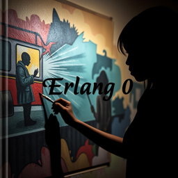 A powerful silhouette of a Black woman with back-length hair, poised as she paints a mural on a wall