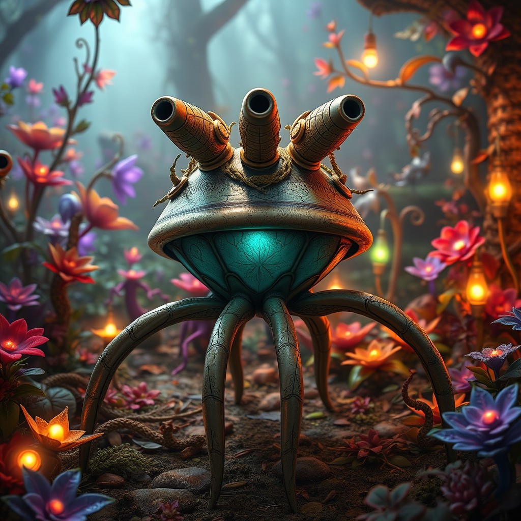 A fantastical creature inspired by the tripod from War of the Worlds, featuring an oval body that looks like a mushroom, with only three long and flexible tentacles extending from the bottom