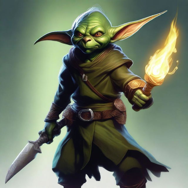 An exquisite digital art depicting a male goblin hexblade warlock from D&D