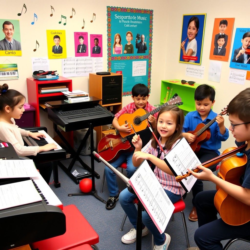 A vibrant music classroom scene showcasing a diverse group of students engaged in lessons for various instruments including singing (canto), piano, guitar, violin, and percussion