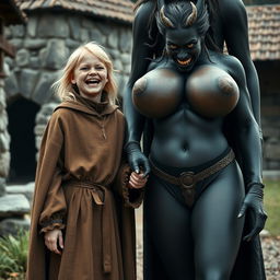 In a poor medieval village, a very happy 19-year-old blonde girl stands out with her short stature, medium-length hair, and striking blue eyes