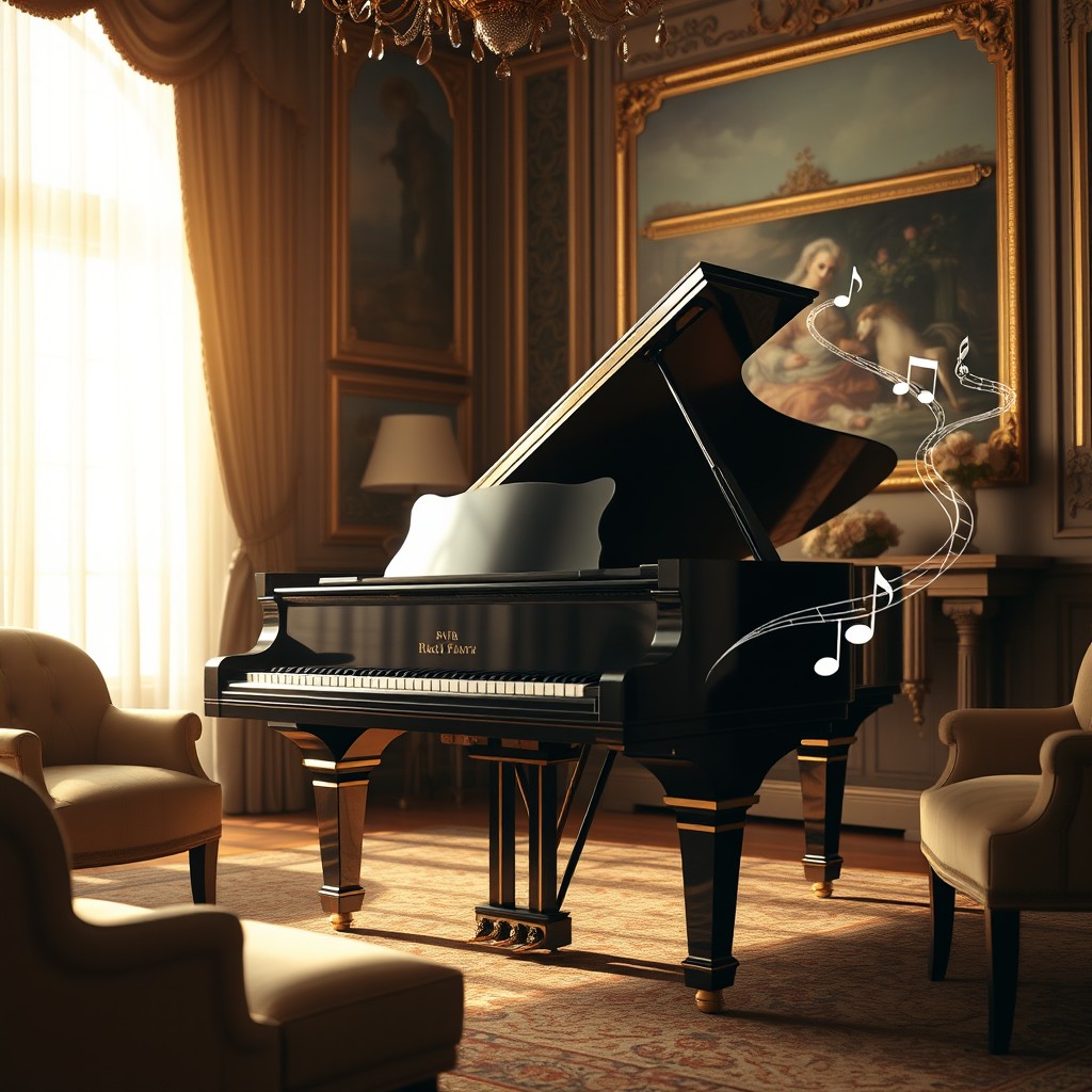 An elegant and artistic depiction of a grand piano in a sophisticated setting