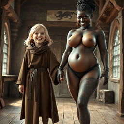 In a medieval room, a very happy 19-year-old blonde girl stands out with her short stature, medium-length hair, and bright blue eyes