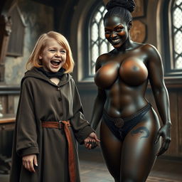 In a medieval room, a very happy 19-year-old blonde girl stands out with her short stature, medium-length hair, and bright blue eyes