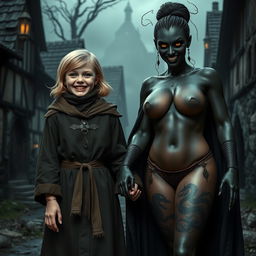 In a haunted medieval village, a very happy 19-year-old blonde girl stands out with her short stature, medium-length hair, and bright blue eyes