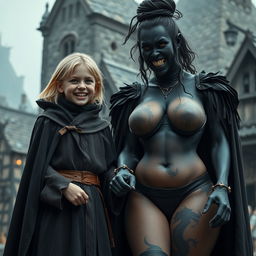 In a haunted medieval village, a very happy 19-year-old blonde girl stands out with her short stature, medium-length hair, and bright blue eyes