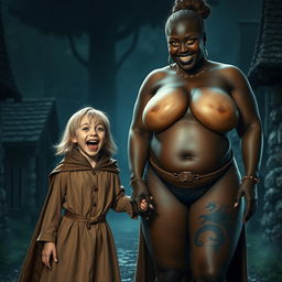 In a haunted medieval village, a very happy malnourished blonde girl, 19 years old, stands out