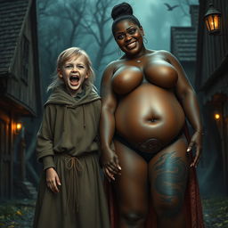 In a haunted medieval village, a very happy malnourished blonde girl, 19 years old, stands out