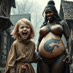 In a haunted medieval village, a very happy malnourished blonde girl, 19 years old, stands out