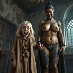 In a haunted room, a very happy malnourished blonde girl, 19 years old, stands out