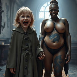 In a haunted room, a very happy malnourished blonde girl, 19 years old, stands out