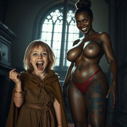 In a haunted room, a very happy malnourished blonde girl, 19 years old, stands out