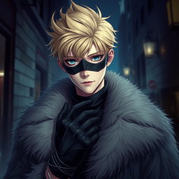 A striking image of a young blond male character with piercing blue eyes and pale skin, dressed in a luxurious fur coat that adds a touch of elegance and mystery