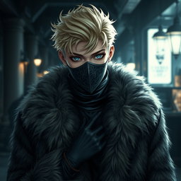 A striking image of a young blond male character with piercing blue eyes and pale skin, dressed in a luxurious fur coat that adds a touch of elegance and mystery