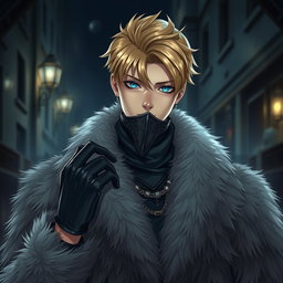 A striking image of a young blond male character with piercing blue eyes and pale skin, dressed in a luxurious fur coat that adds a touch of elegance and mystery