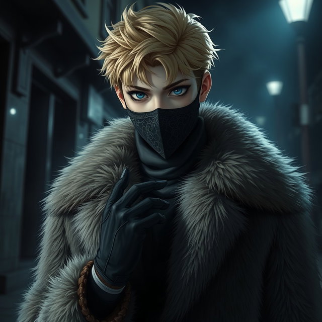 A striking image of a young blond male character with piercing blue eyes and pale skin, dressed in a luxurious fur coat that adds a touch of elegance and mystery