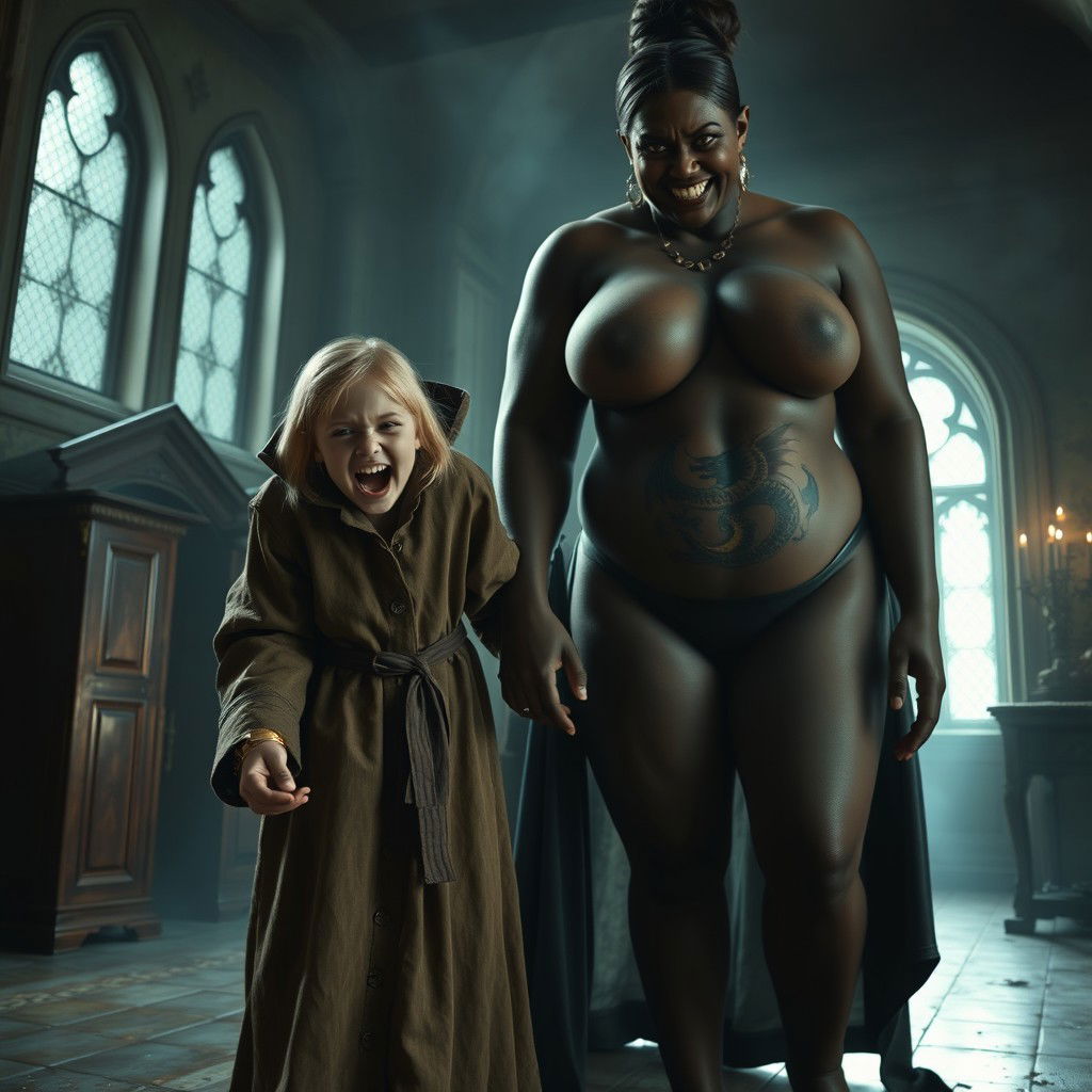 In a haunted room, a very happy, malnourished 19-year-old blonde girl with medium hair, holding a thick gold bracelet and with bright blue eyes, is joyfully screaming wide open-mouthed, her eyebrows furrowed in delight and despair