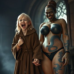 In a haunted room, a very happy, malnourished 19-year-old blonde girl with medium hair, holding a thick gold bracelet and with bright blue eyes, is joyfully screaming wide open-mouthed, her eyebrows furrowed in delight and despair