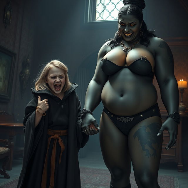 In a haunted room, a very happy, malnourished 19-year-old blonde girl with medium hair, holding a thick gold bracelet and with bright blue eyes, is joyfully screaming wide open-mouthed, her eyebrows furrowed in delight and despair