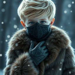 A captivating image of a blond boy with striking blue eyes and pale skin, dressed in a luxurious fur coat that adds an elegant flair