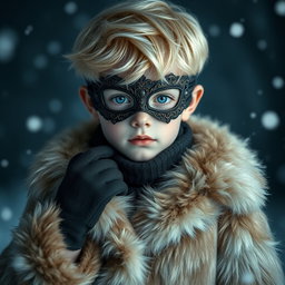 A captivating image of a blond boy with striking blue eyes and pale skin, dressed in a luxurious fur coat that adds an elegant flair