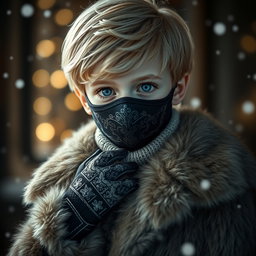 A captivating image of a blond boy with striking blue eyes and pale skin, dressed in a luxurious fur coat that adds an elegant flair