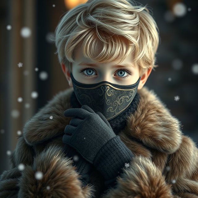 A captivating image of a blond boy with striking blue eyes and pale skin, dressed in a luxurious fur coat that adds an elegant flair