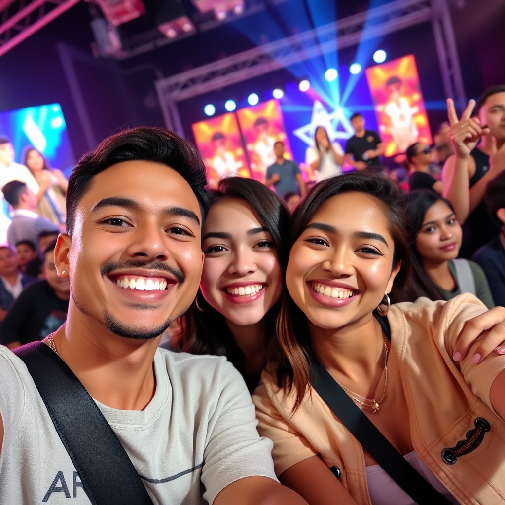 A vibrant and lively selfie scene featuring you with your specific facial features and your cousin in the front row of a concert or event
