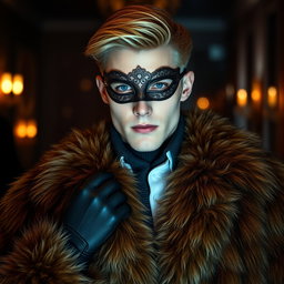A striking image of a handsome blond man with captivating blue eyes and pale skin, dressed in an opulent fur coat that exudes sophistication and luxury