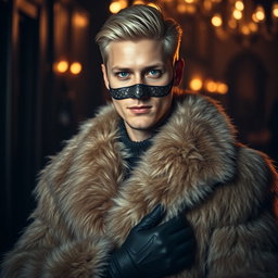 A striking image of a handsome blond man with captivating blue eyes and pale skin, dressed in an opulent fur coat that exudes sophistication and luxury