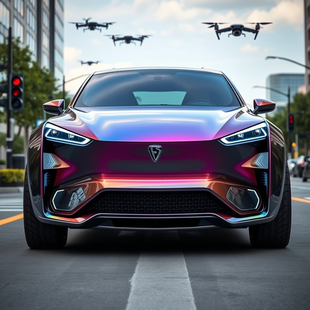 A futuristic electric vehicle (EV) showcased from the front view in the year 2035