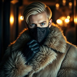 A striking image of a handsome blond man with captivating blue eyes and pale skin, dressed in an opulent fur coat that exudes sophistication and luxury