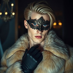 A striking image of a handsome blond man with captivating blue eyes and pale skin, dressed in an opulent fur coat that exudes sophistication and luxury