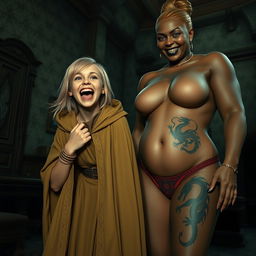 In a haunted room, a very happy, malnourished 19-year-old blonde girl with medium-length hair, wearing a thick gold bracelet and bright blue eyes, is wide-mouthed screaming in a mix of despair and joy, her brows furrowed in excitement