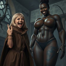 In a haunted room, a very happy, malnourished 19-year-old blonde girl with medium-length hair, wearing a thick gold bracelet and bright blue eyes, is wide-mouthed screaming in a mix of despair and joy, her brows furrowed in excitement