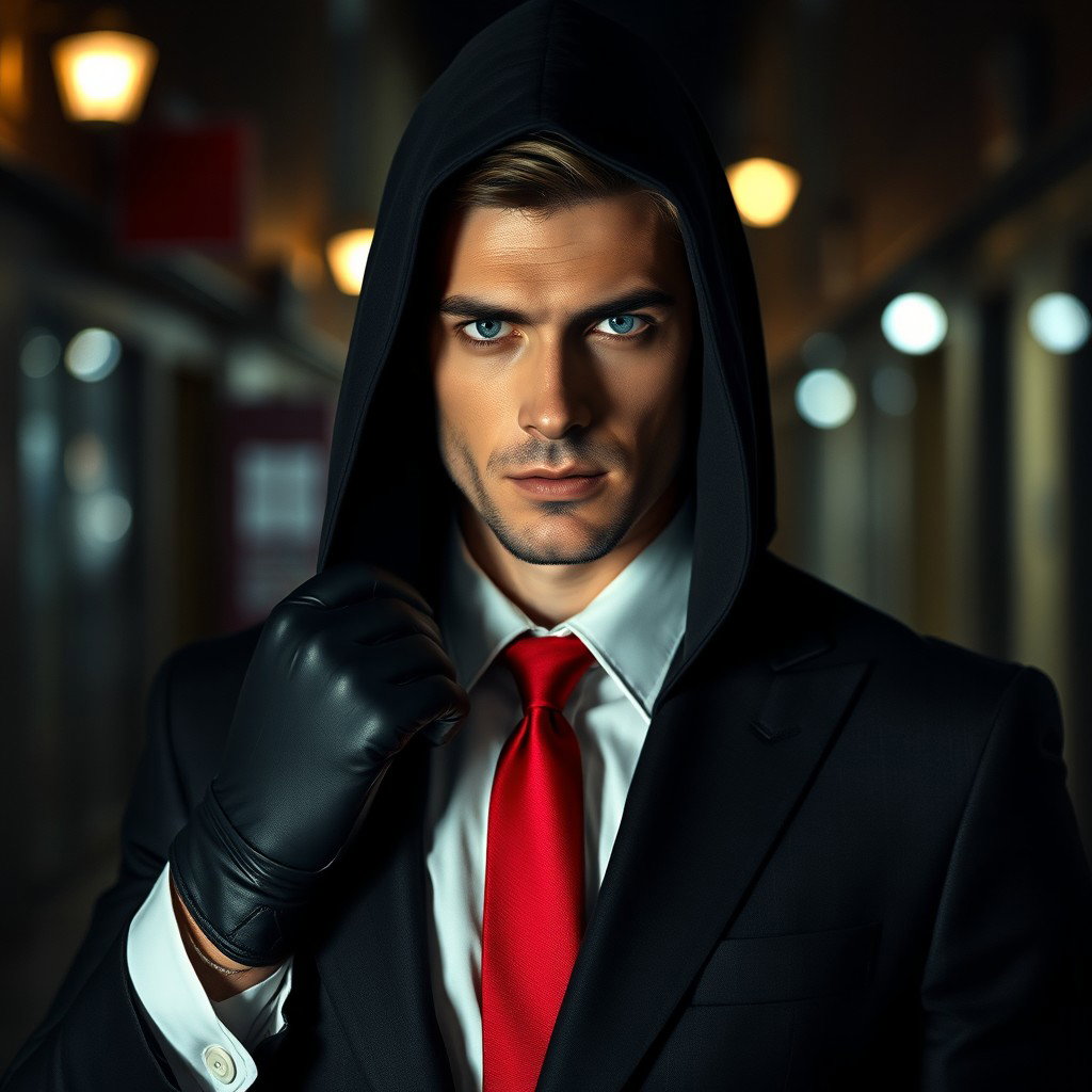 Un hombre rubio con ojos azules intensos y piel pálida, vestido con un elegante traje ajustado que resalta su figura esculpida