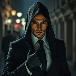 Un hombre rubio con ojos azules intensos y piel pálida, vestido con un elegante traje ajustado que resalta su figura esculpida