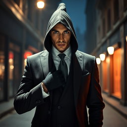 Un hombre rubio con ojos azules intensos y piel pálida, vestido con un elegante traje ajustado que resalta su figura esculpida