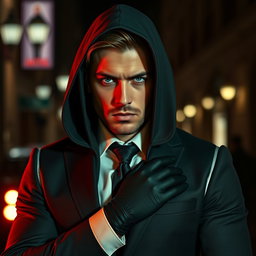 Un hombre rubio con ojos azules intensos y piel pálida, vestido con un elegante traje ajustado que resalta su figura esculpida