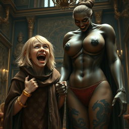 In an opulent medieval noble room, a very happy, malnourished 19-year-old blonde girl with medium-length hair, wearing a thick gold bracelet and bright blue eyes, is wide-mouthed, screaming with a mix of joy and desperation, her brows furrowed fiercely