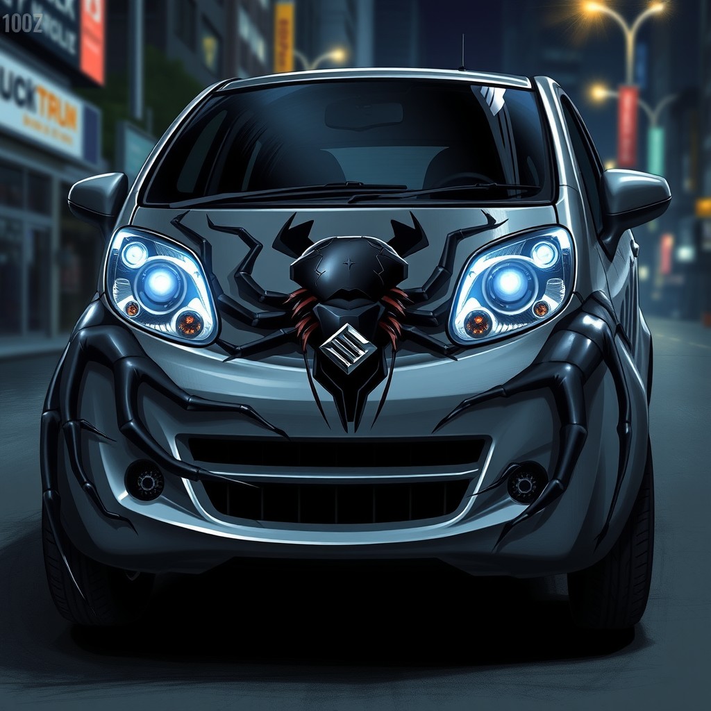 A detailed illustration of a 2007 Suzuki Aerio, featuring a striking paint design of a spider wrapping around the car