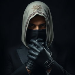Un hombre enigmático que lleva una máscara elaborada que cubre su rostro, dejando solo visibles sus intensos ojos