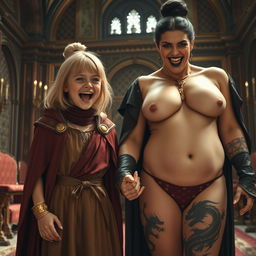 In a grand medieval noble room, a petite and very happy 19-year-old malnourished blonde girl yells joyfully with her mouth wide open, expressing a wild mix of desperation and happiness